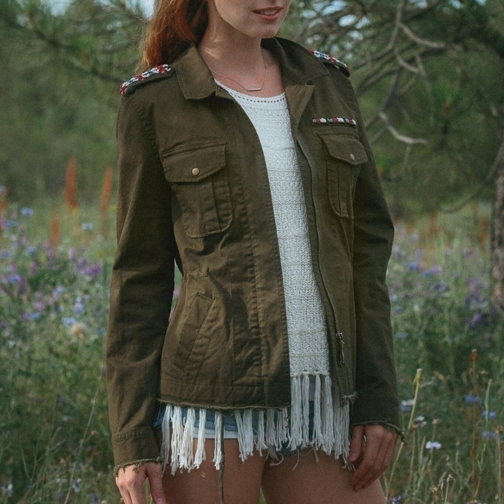 Montana Co. Military Inspired Beaded Army Green Jacket Pockets Zip Front Medium